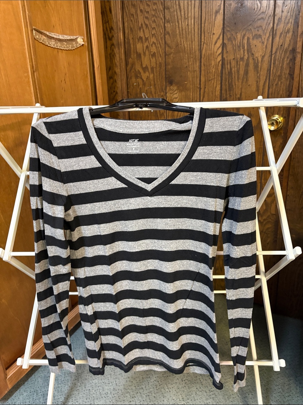 Apt. 9 Black and Gray Striped V-Neck Long Sleeve Tee